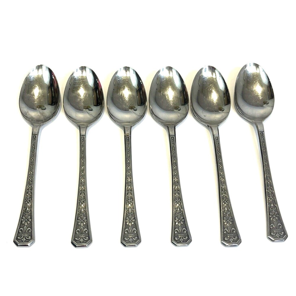 6 Florenz Interpur Japan Soup Spoons Stainless 8 Petal Flower 7.25 Inch Vintage